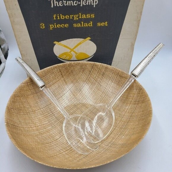 Vintage Mid Century Thermo-Temp 3 Piece Salad Set 12" Bowl Utensils Fiberglass - Picture 1 of 10